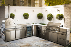Front image of stainless steel luxury outdoor kitchen in a walled terrace