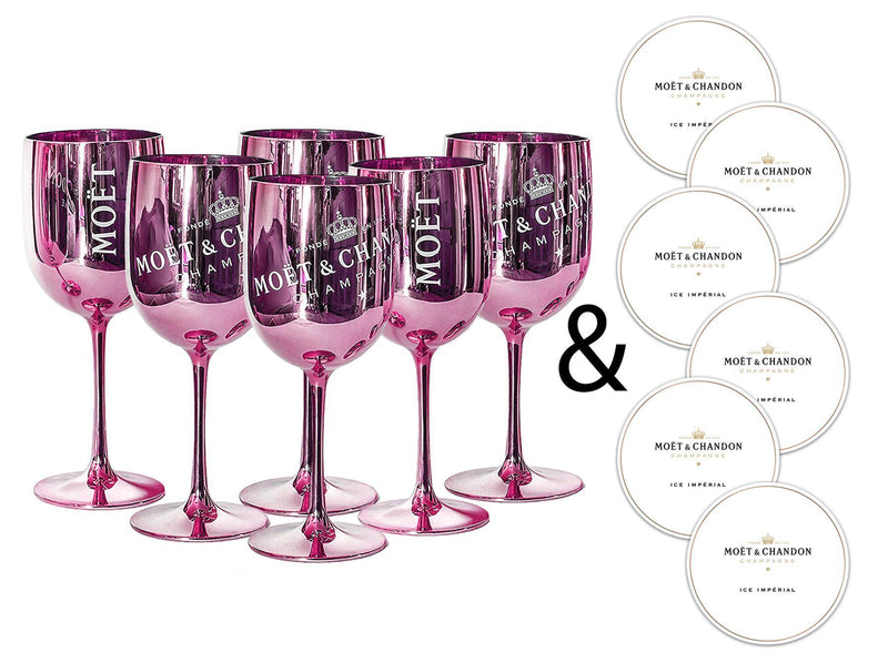 Moet & Chandon Pink Ice Imperial Acrylic Champagne Glasses with Coasters - Set of 6 Glasses - Luxe Outdoor