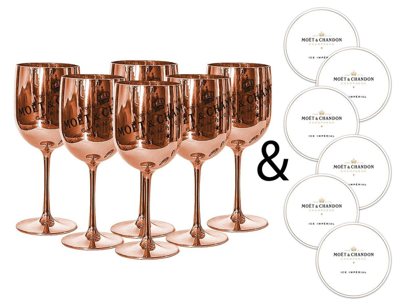 Moet & Chandon Rose Gold Ice Imperial Acrylic Champagne Glasses with Coasters - Set of 6 Glasses - Luxe Outdoor