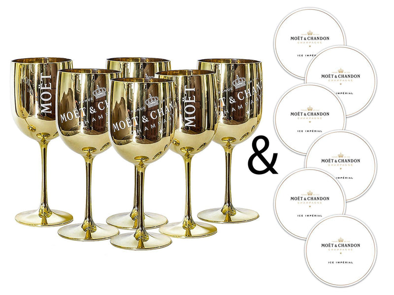Moet & Chandon Gold Ice Imperial Acrylic Champagne Glasses with Coasters - Set of 6 Glasses - Luxe Outdoor