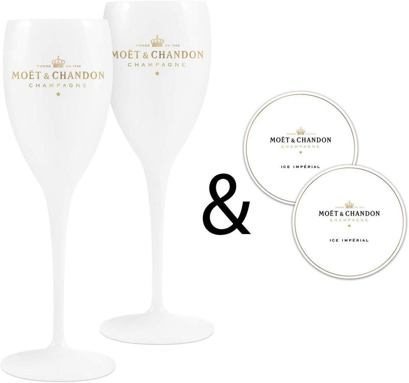 Moet & Chandon White Champagne Flutes with Paper Coasters - Set of 2 - Luxe Outdoor