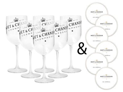 Moet & Chandon Clear Ice Imperial Acrylic Champagne Glasses with Coasters - Set of 6 Glasses - Luxe Outdoor