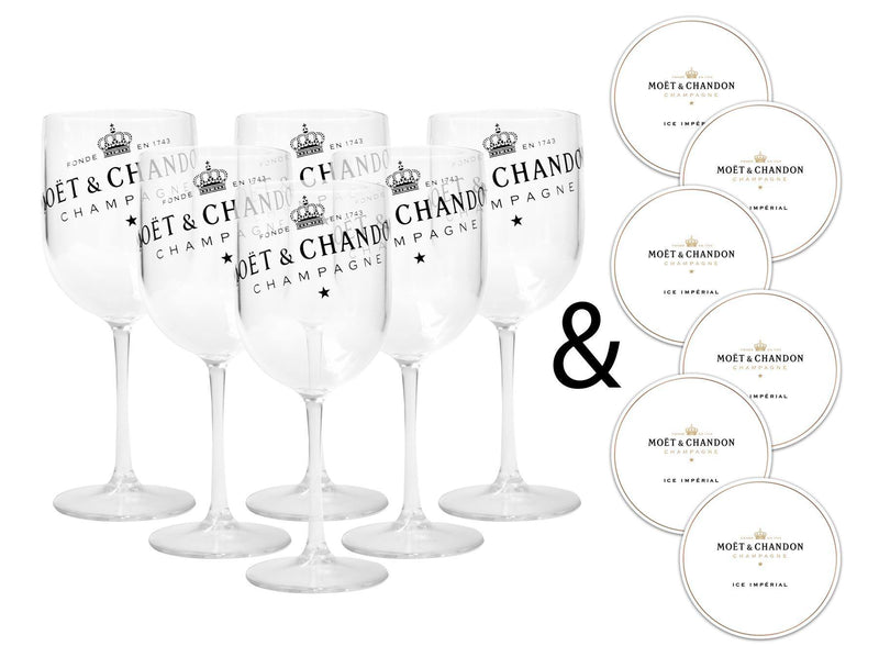 Moet & Chandon Clear Ice Imperial Acrylic Champagne Glasses with Coasters - Set of 6 Glasses - Luxe Outdoor